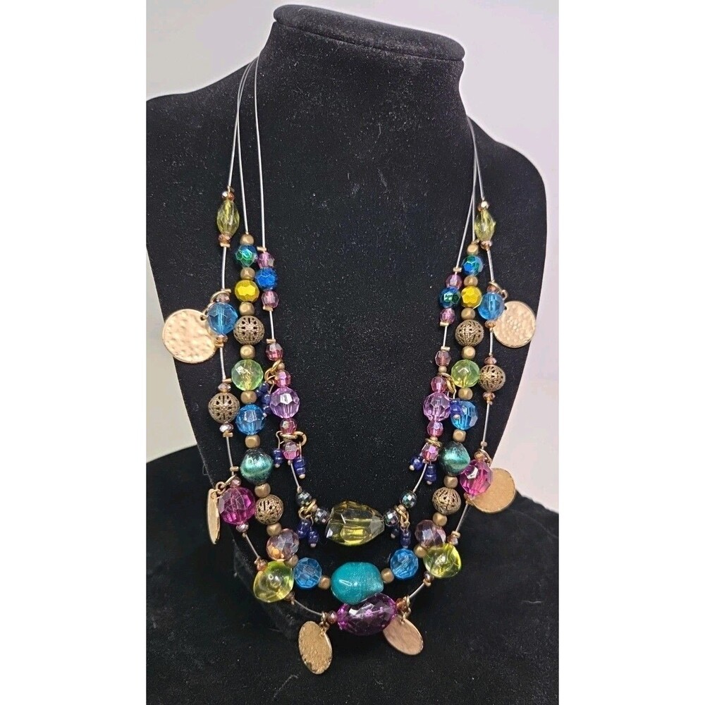 Necklace Tiered W Goldtone Details, Shades Purple, Blue & Green Beads Unique